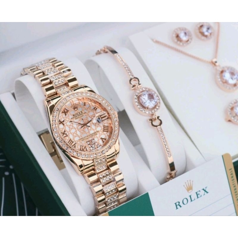 JAM TANGAN RL0X WANITA GIFT SET KALUNG ANTING CINCIN DAN GELANG JAM TANGAN kw