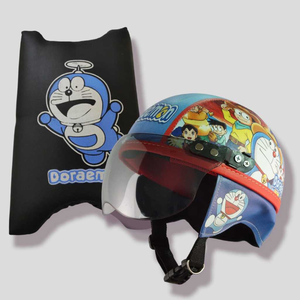 (BUNDLING) Helm Anak DORAEMON dan Jok Boncengan Anak DORAEMON / Helm Anak Bogo Retro