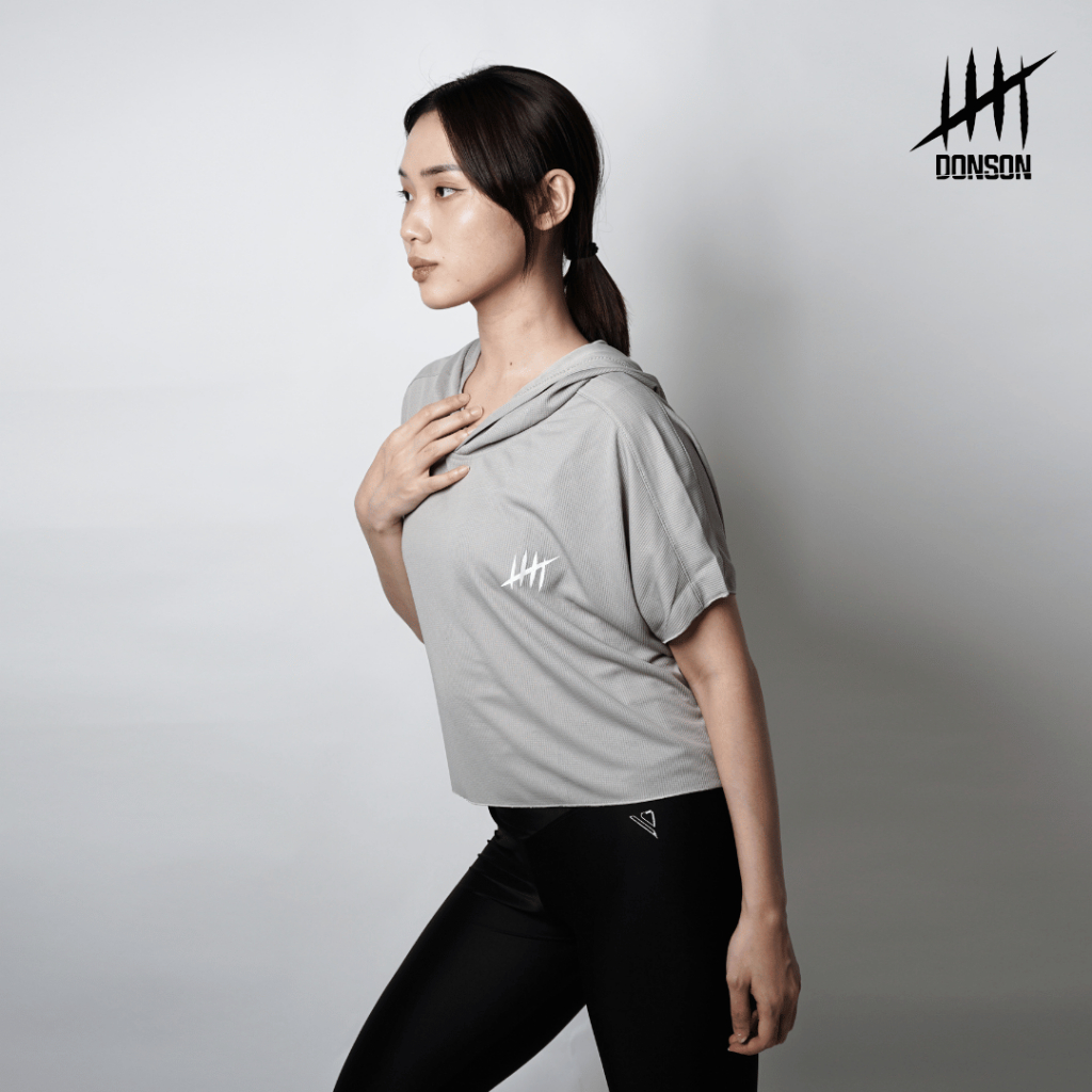 DONSON Hoodie Lengan Pendek Luaran Atasan Crop Wanita Warna Grey