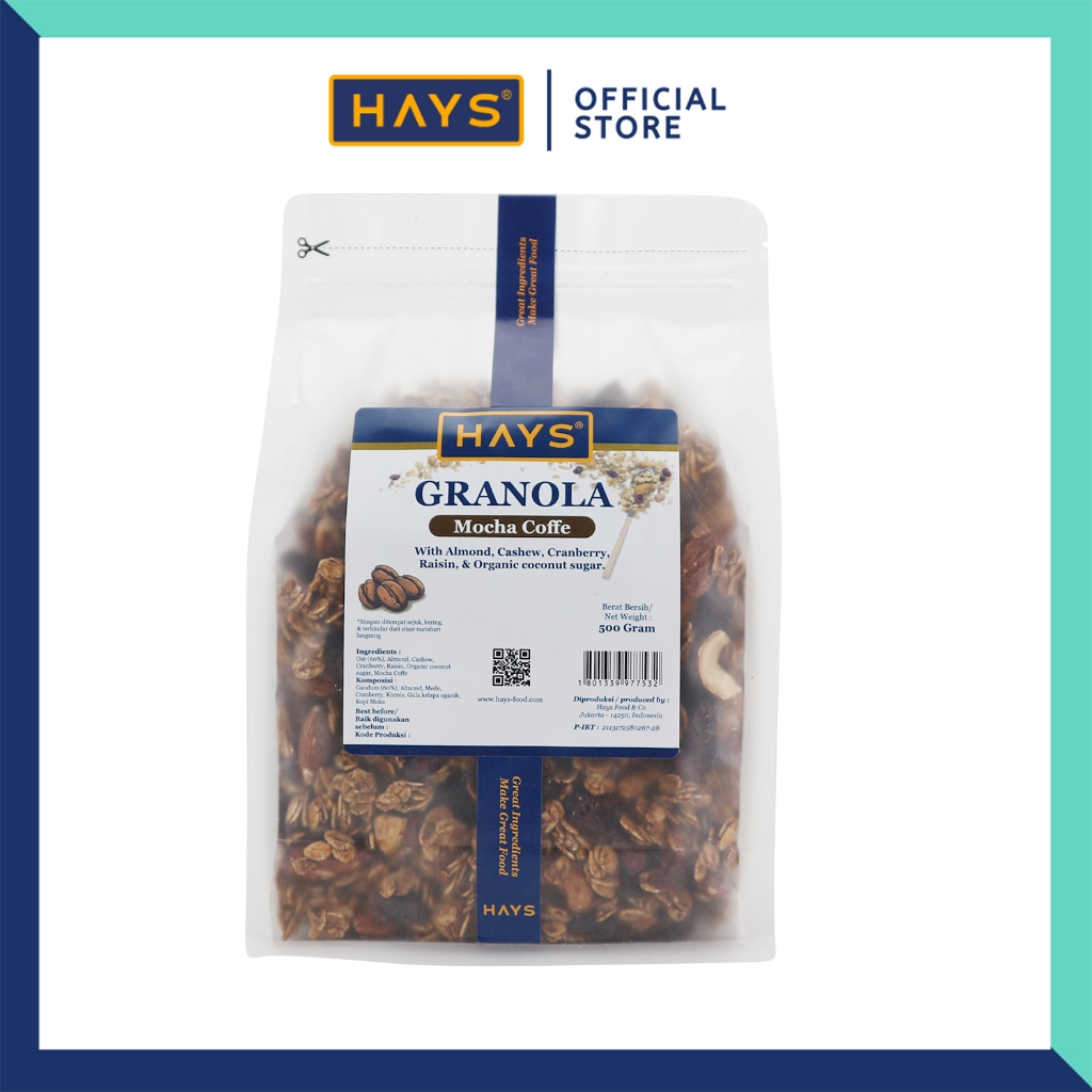 

HAYS Granola Mocha Coffee 500 Gram / Sereal oatmeal Kopi Moka dengan Almond Mete Cranberry Raisin Organic Coconut Sugar