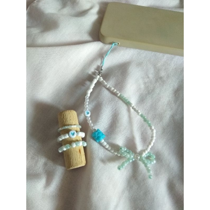 Cincin Manik Beads Strap Phone Aquamarine Set