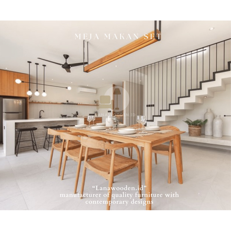meja makan set 6 kursi jati minimalis modern dari Lanawooden.id menggunakan material kayu jati jepar