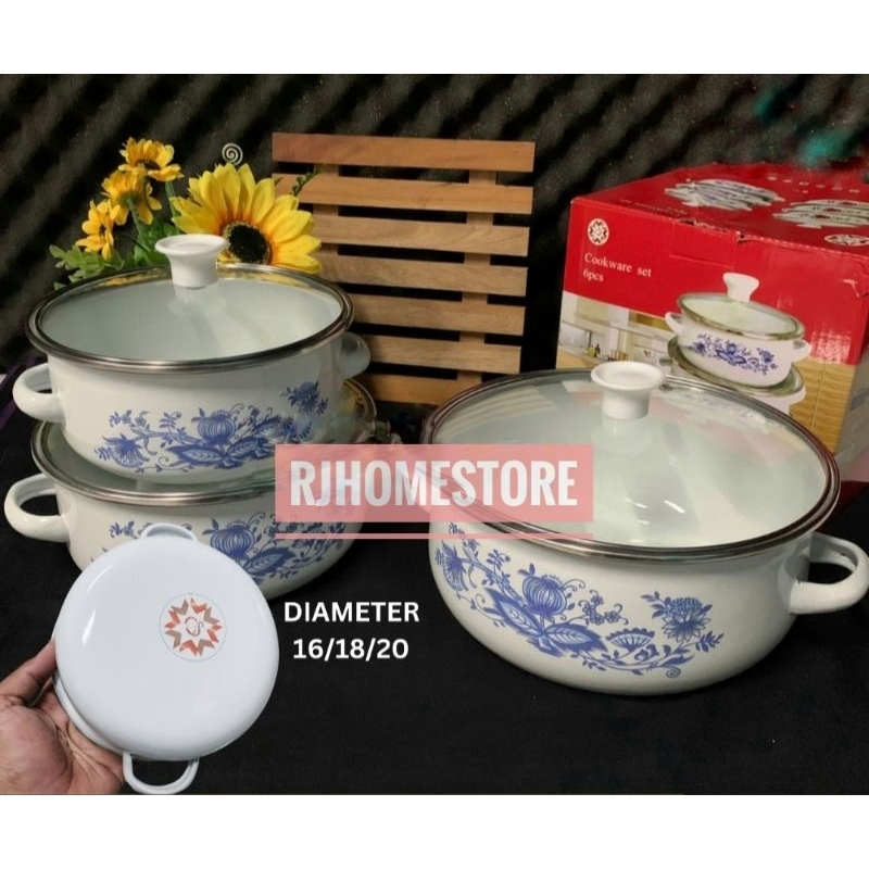 Panci Set Enamel 3 Susun Motif Bunga M-244 / panci set enamel murah