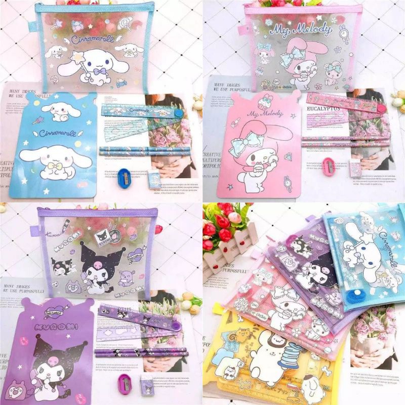 

Set Alat Tulis Tempat Pensil Penghapus Rautan Penggaris Buku Notes Cinnamoroll Kuromi Melody