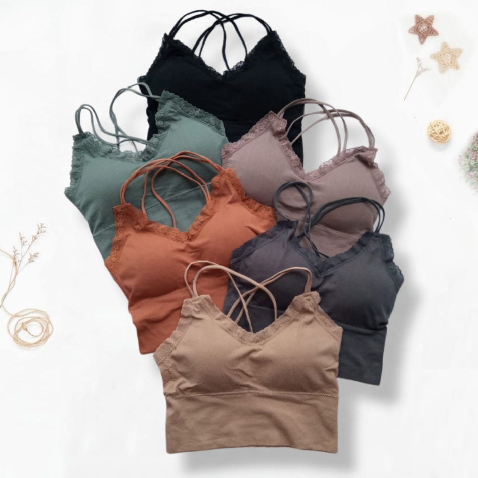 TANKTOP BRA RENDA WITH CUP BH SINGLET WANITA PAKAIAN WANITA ATASAN TANK TOP TALI KECIL 2 SILANG TERM
