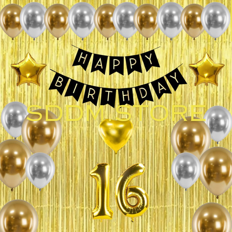 PAKET SET DEKORASI ACARA PESTA ULANG TAHUN ANAK WARNA GOLD BANNER TIRAI GRATIS BALON ANGKA