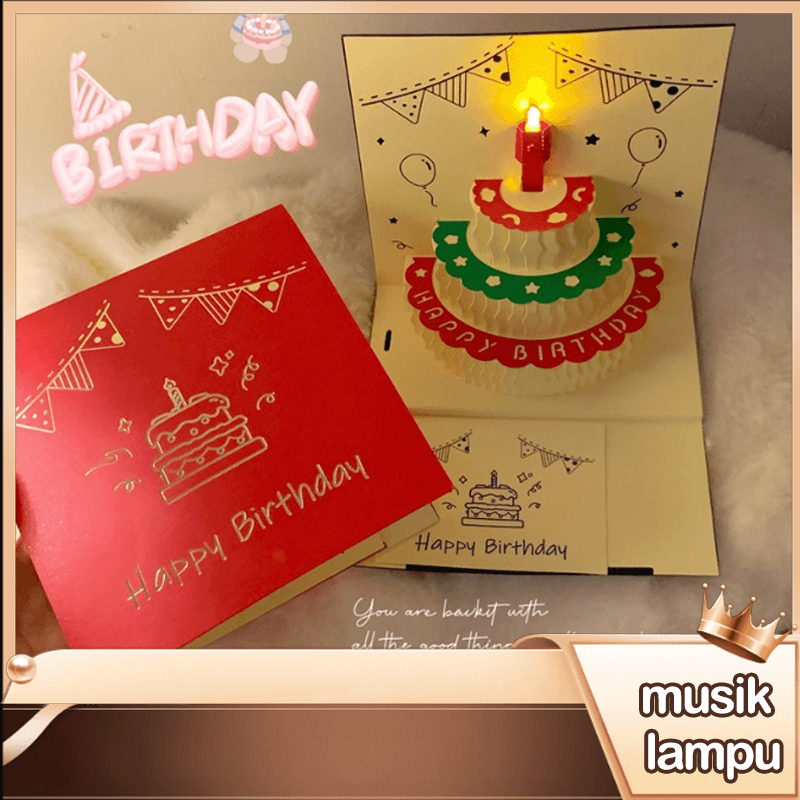BISA COD Kartu Ulang Tahun Pop Up 3D, Putar Musik Otomatis Pemanasan Musik Lampu LED Kartu Kue Ulang