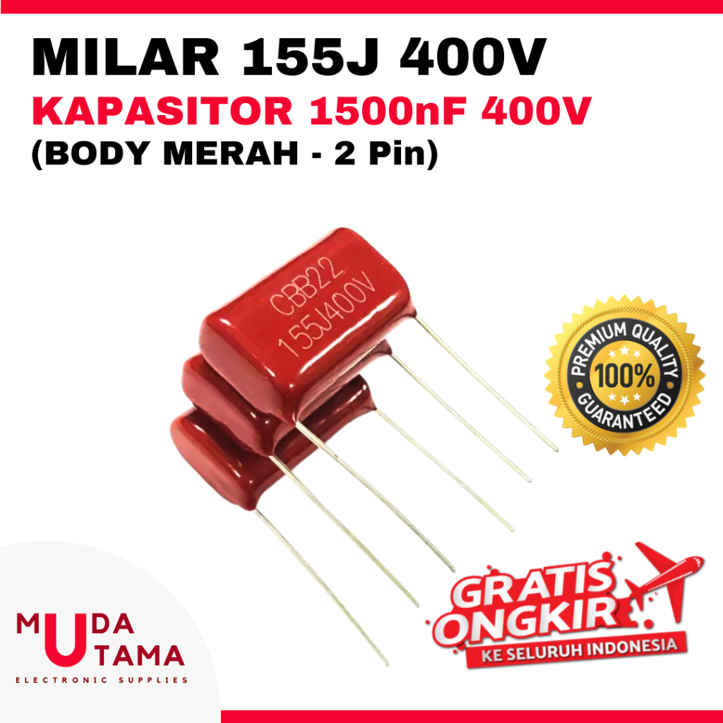 MILAR 155J 400V - MILAR 1500 nF 400V BODY MERAH - KAPASITOR 155J 400V - KAPASITOR MYLAR 155J 400Volt