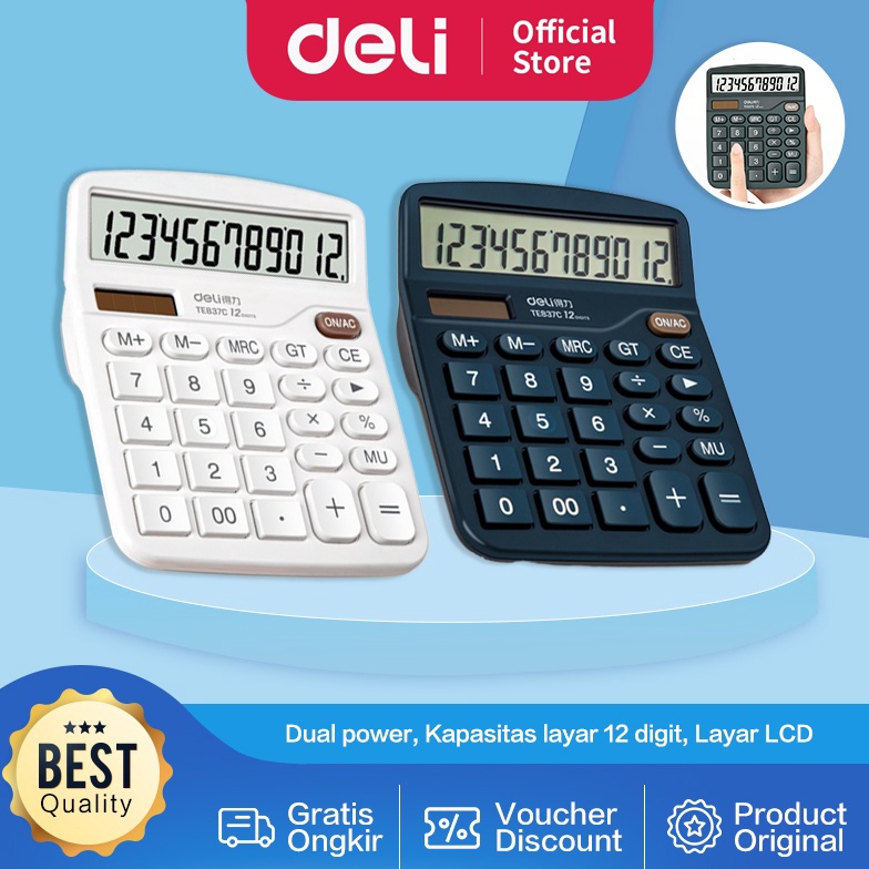 

Promo Deli Desktop Calculator Kalkulator Meja 12 Digit Dual Power Layar LCD TE837C 6V6