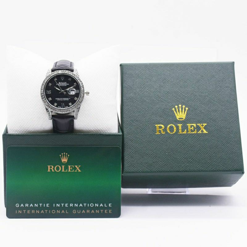 (BISA COD) JAM TANGAN WANITA ROLEX TALI KULIT TANGGAL AKTIF DIAMETER 3,2CM + BOX
