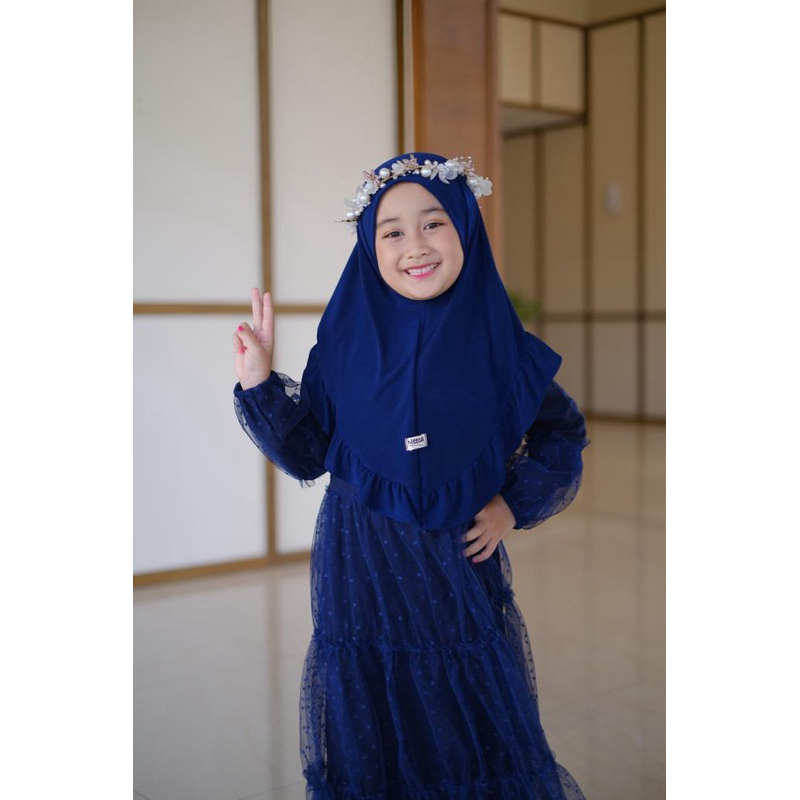 Gamis Elsa Set Kerudung Warna Navy Gamis Anak Kerudung Bahan Rayon Tile Dot Neeca Size 2 4 6 8 10 Tahun