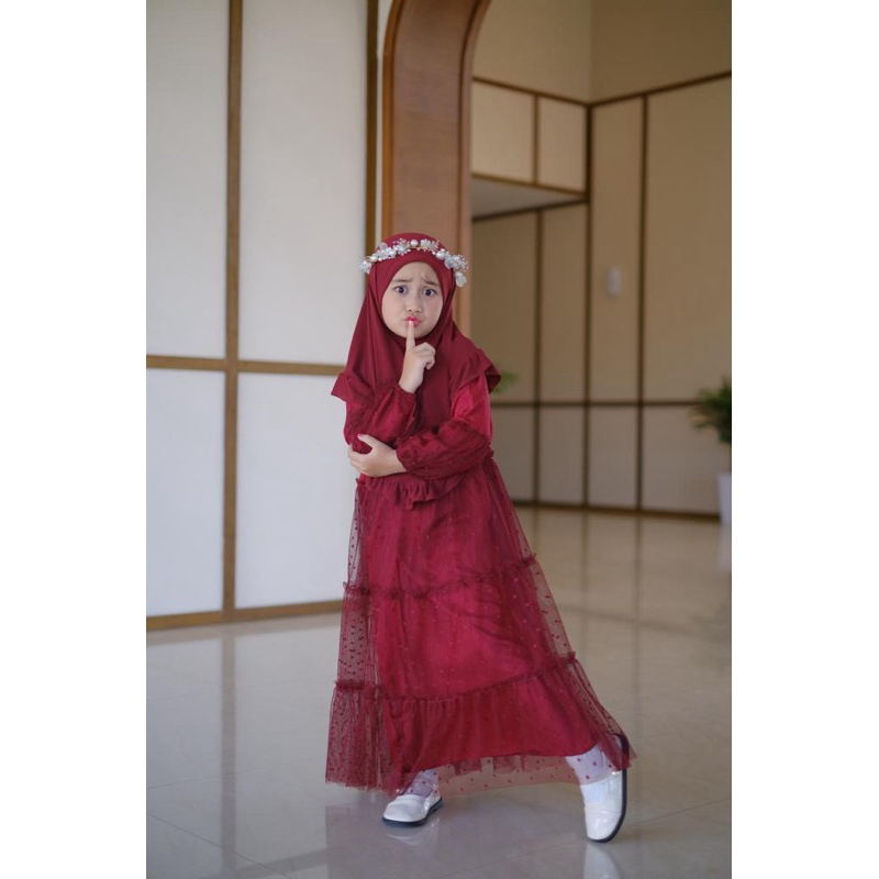 Gamis Elsa Set Kerudung Warna Maroon Gamis Anak Bahan Rayon Twill Tile Dot Neeca Size 2 4 6 8 10 Tahun Murah