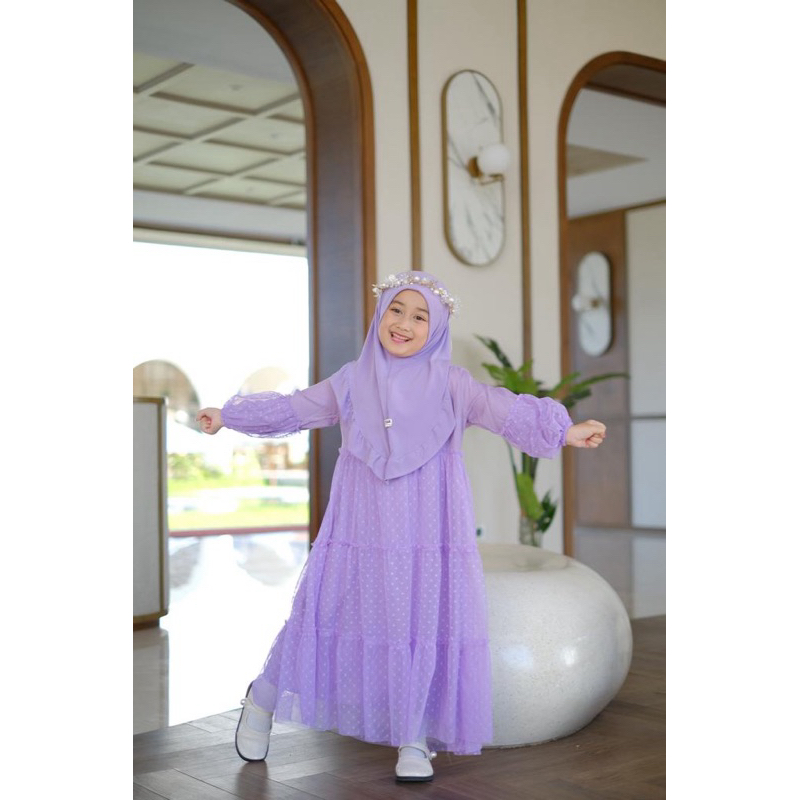 Gamis Elsa Set Kerudung Gamis Anak Elsa Bahan Rayon Twill Tile Dot Neeca Size 2 4 6 8 10