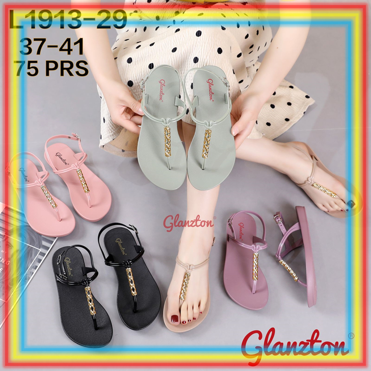 L1913-29 Sendal Jepit Wanita Glanzton Sepatu Sandal Cewek Tali Belakang Kabel Krom Chrome Glanzton