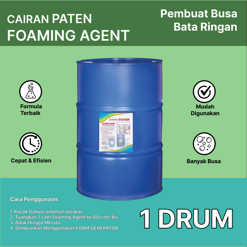 Cairan Foaming Agent | Pembuat Busa Bata Ringan | Kemasan 1 Drum (200 Liter) | Cairan PATEN Foaming 