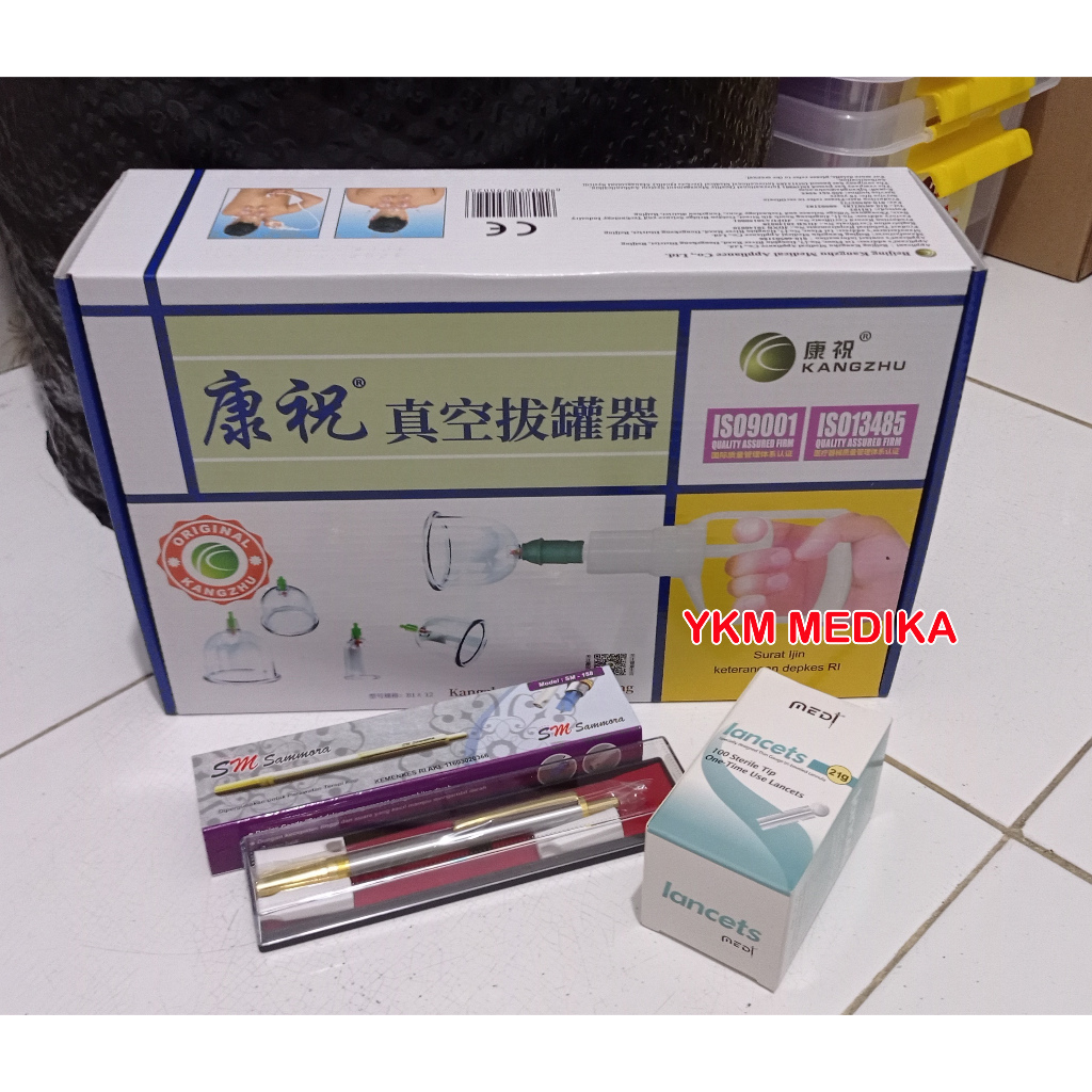 Paket Kop Bekam Kangzhu 12 + Pena Bekam Stainless Sammora + Jarum