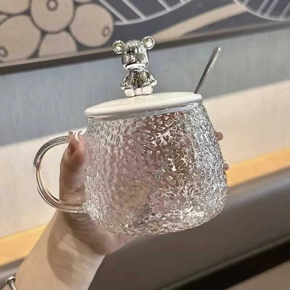 Queen Gelas Kaca / Mug Tutup Beruang Dengan Sendok /Gelas Kopi / Mug Kaca / Cangkir Kaca