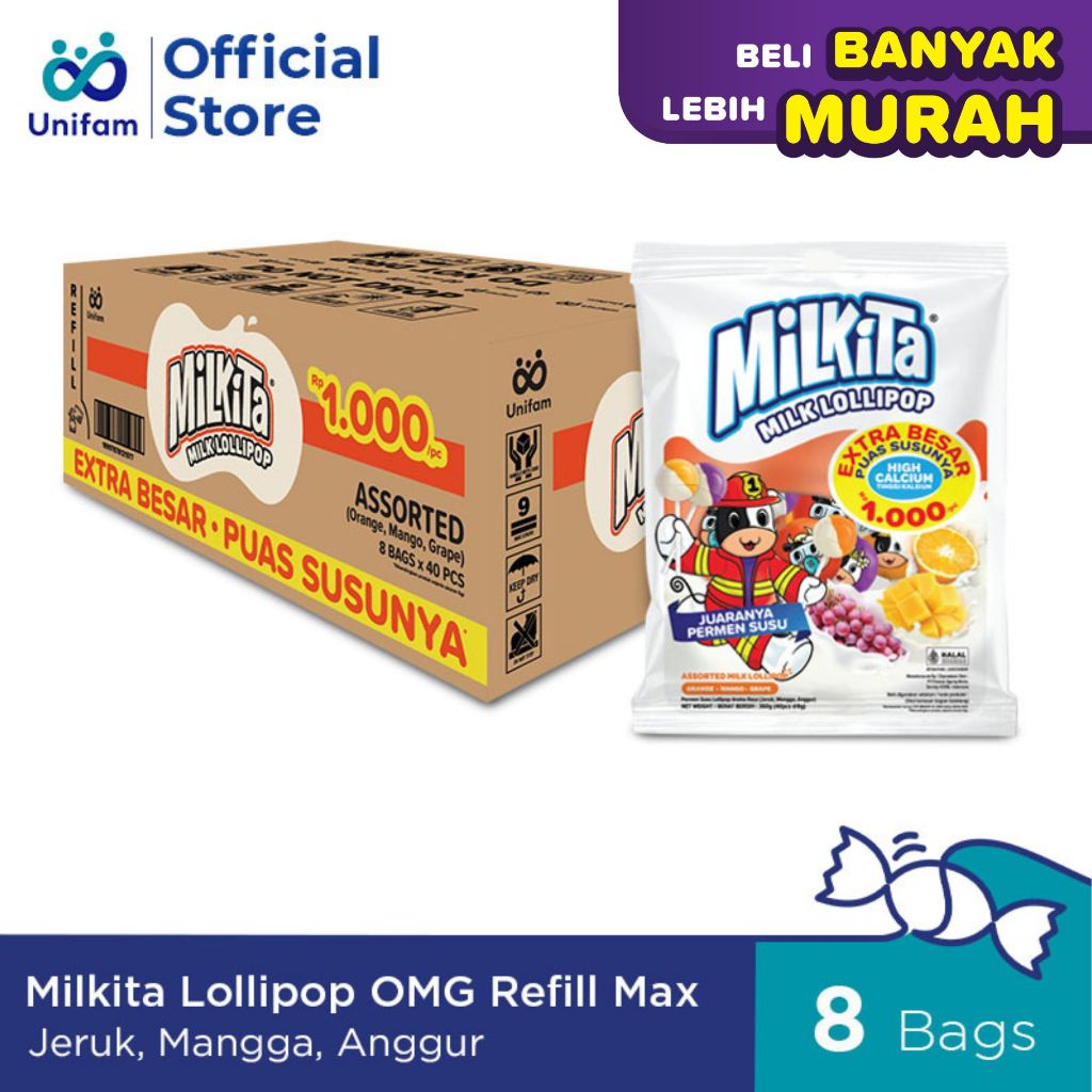 

1 Karton Milkita Permen Lolipop Susu Max Refill- Milk Candy 1 Karton (Isi 8 Bag x 40Pcs) @9 Gram - Jeruk,Mangga,Anggur
