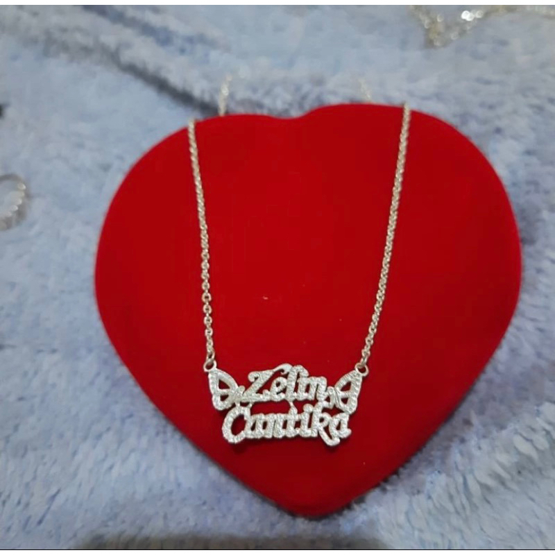 Kalung Nama 2 Baris Perak Asli