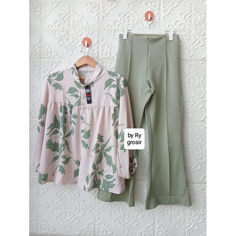 Setelan wanita Jumbo Blus Crincle Motif Celana Cutbray Scuba