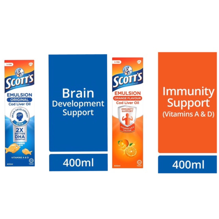 Scott's Emulsion Original Orange Cod Liver Oil 2x Better DHA 400ml Singapore Original