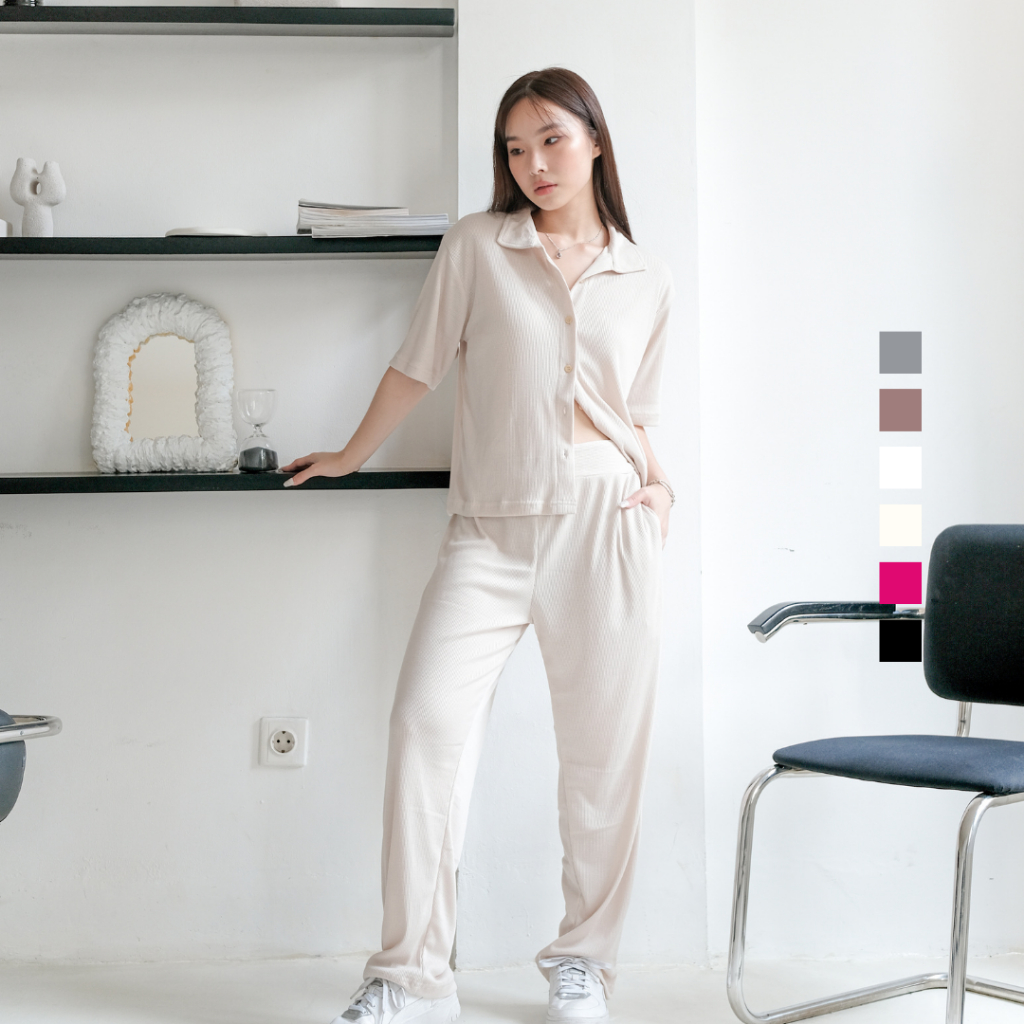 SAGI - Jisoo Shirt Set | Setelan Knit Atasan Lengan Pendek dan Celana Panjang Wanita Casual One Set
