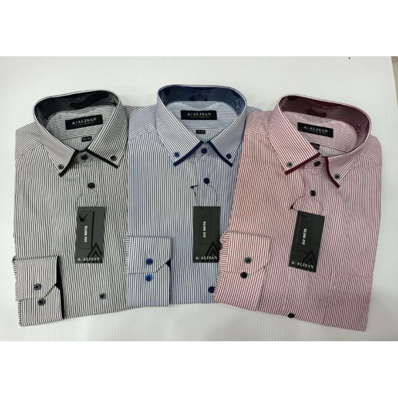 Alisan Kemeja Formal Pria Salur Lengan Panjang Slimfit