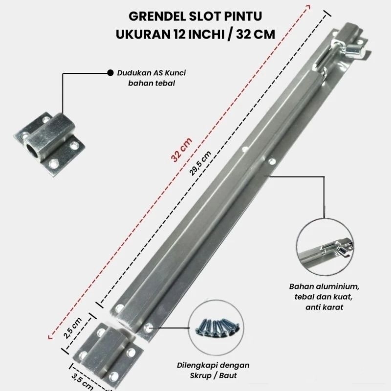 Grendel slot pintu size 12 inch ( 32cm ) slot kunci pintu atas / bawah