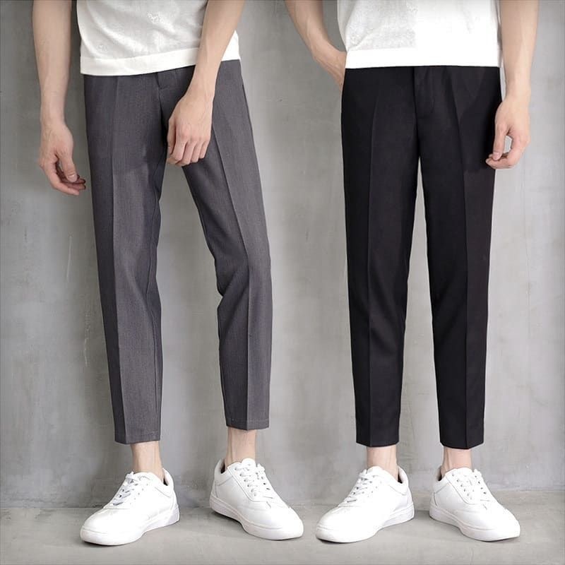 Celana Ankle Pants Panjang Pria Slim Fit Premium Basic Korean Style Bahan Semi Woll Hitam Classic Ca