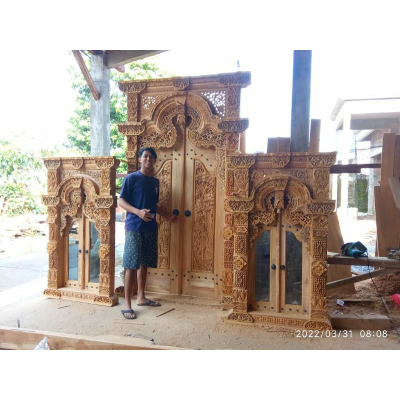 Pintu Gebyok 1 set Pintu Full Ukir Rama Shinta| Gebyok Pintu dan 2 Jendela Gebyok Ukir Kaca
