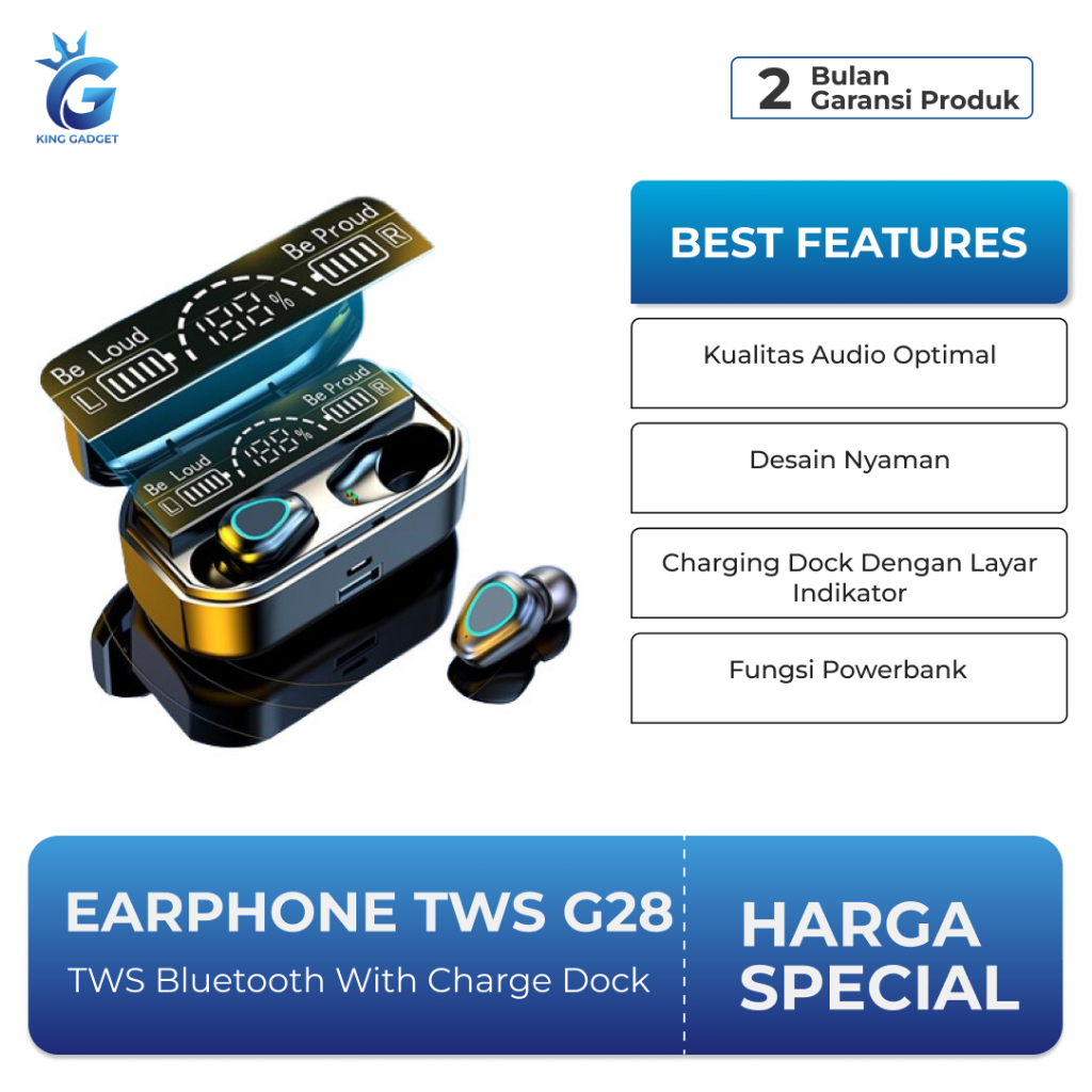 Earphone TWS G28 Blueooth 5.3 with Charging Dock 3500 mAh