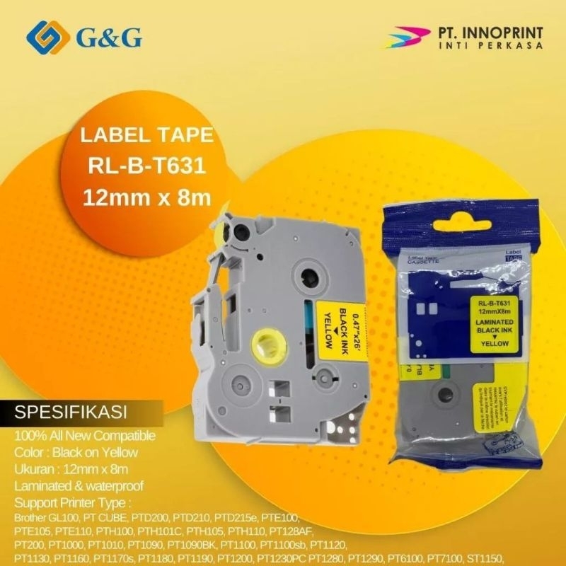 

Label Tape G&G for Brother Label Tape TZE-631 12mm x 8m Black on yellow