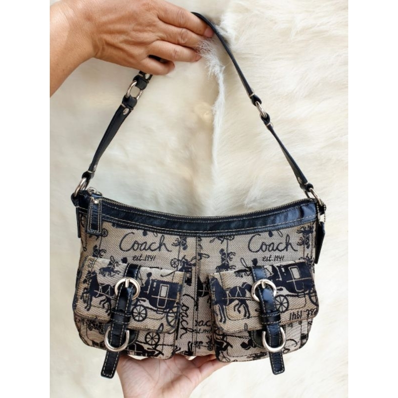 Tas Coach Wanita Shoulder Bag Hitam Kanvas Mix Kulit Asli