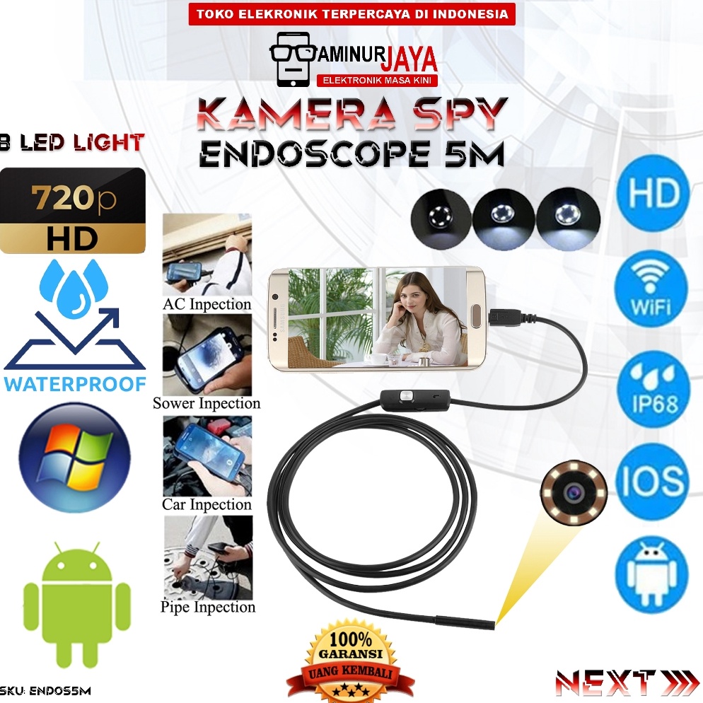 Terupdate Kamera USB Endoscope Borescope Kamera Micro Kecil IP67 Waterproof 5 Meter 6 LED Suport And