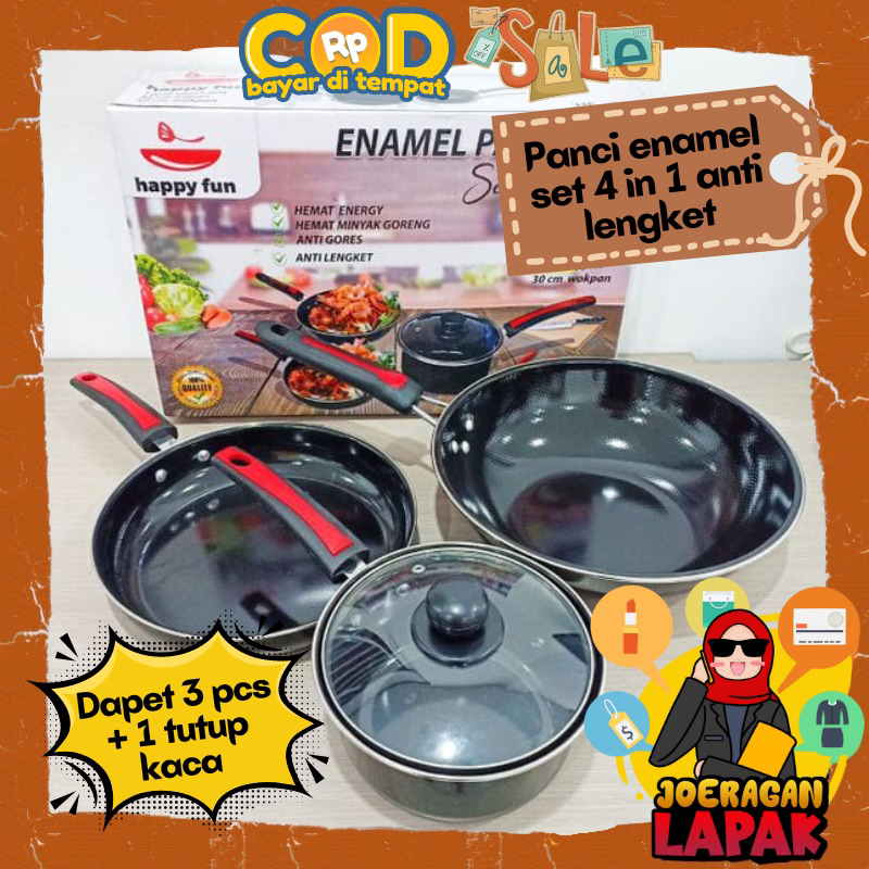 [JOERAGAN LAPAK] PANCI SET ENAMEL 4 IN 1 TEFLON ANTI LENGKET FRY PAN SAUCE PAN WOKPAN TUTUP KACA HAP