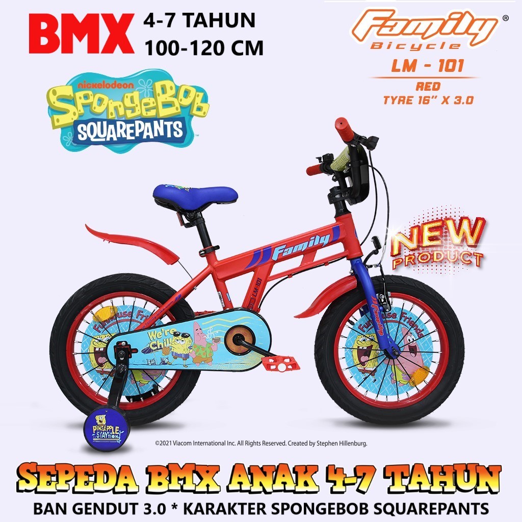 Sepeda Anak Family LM101 SpongeBob SquarePants 16 Inci x 3.0 BMX Steel 4-7 TahunMech DB Kids Bike