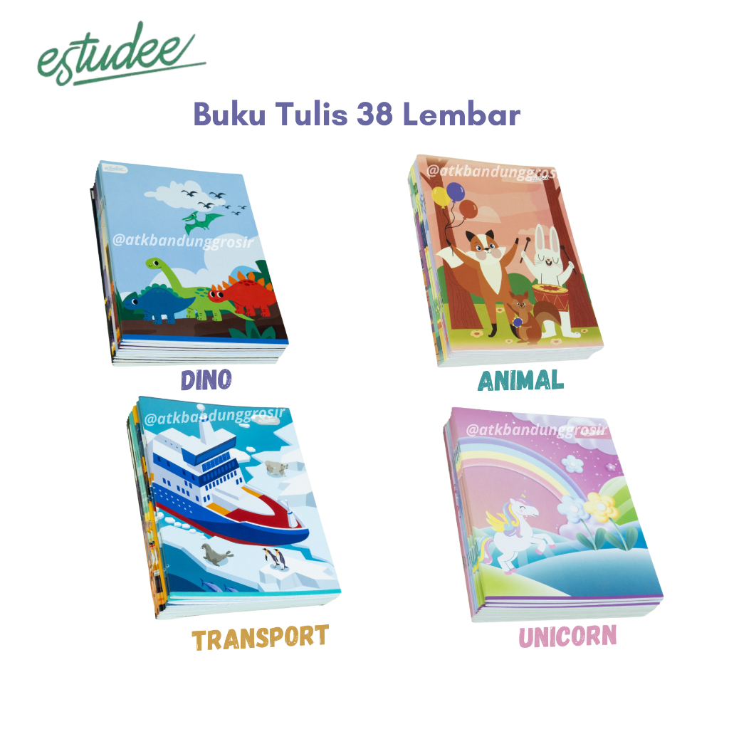 

Buku Tulis Estudee 38 Lembar Kwarto / Quarto Motif Dino Animal Transportation Unicorn Buku Tulis Sekolah – Jual Pak ( 10 Pcs )