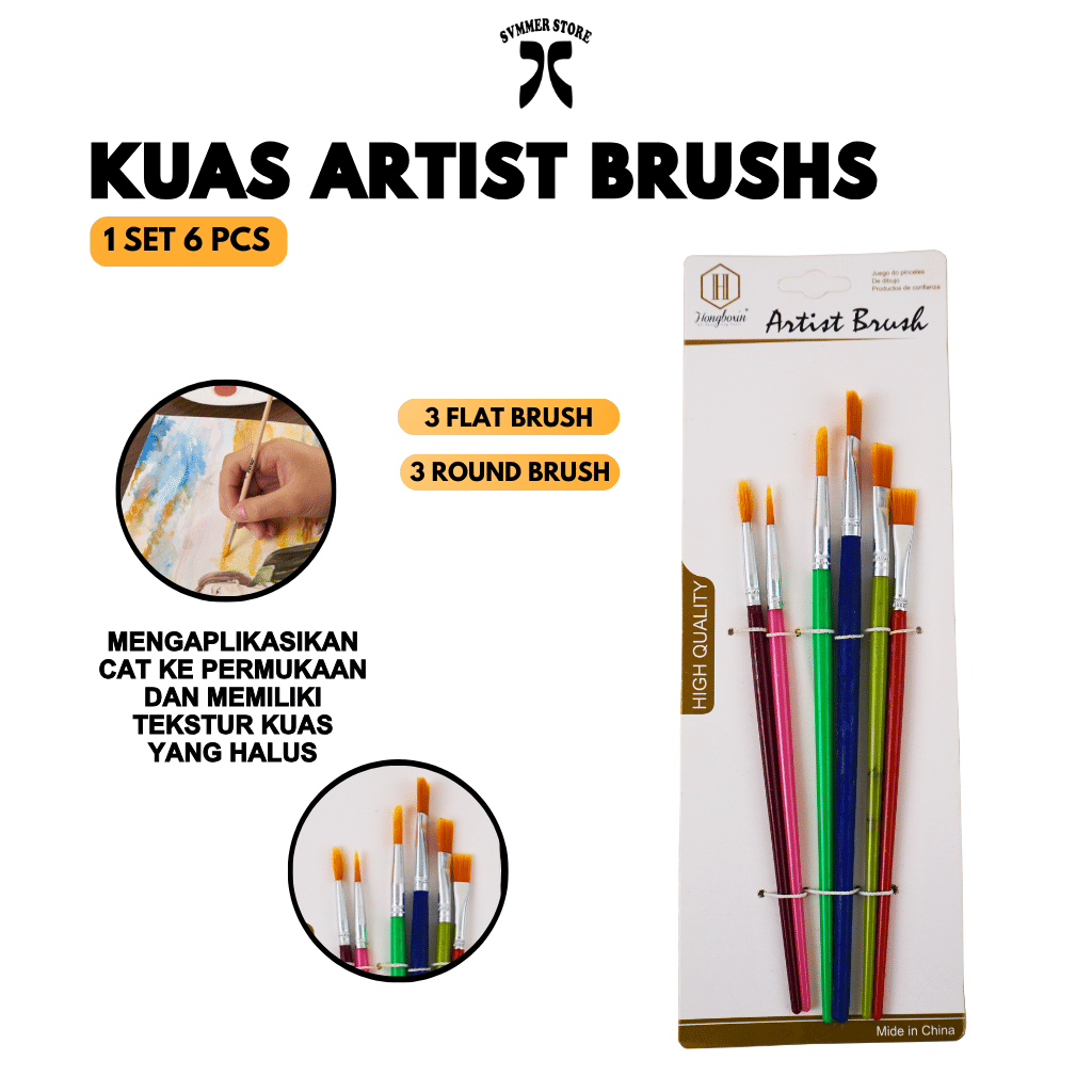 Kuas Cat Air Polos Warna / Cat Minyak Cat Akrilik Brush ISI 6 KUAS