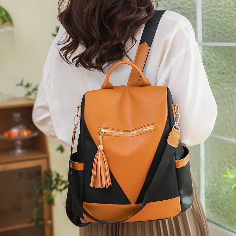 Tas Ransel Kulit Asli Multifungsi Laptop Wanita Kekinian Import Bahan Nilon Wateroof Anti Air