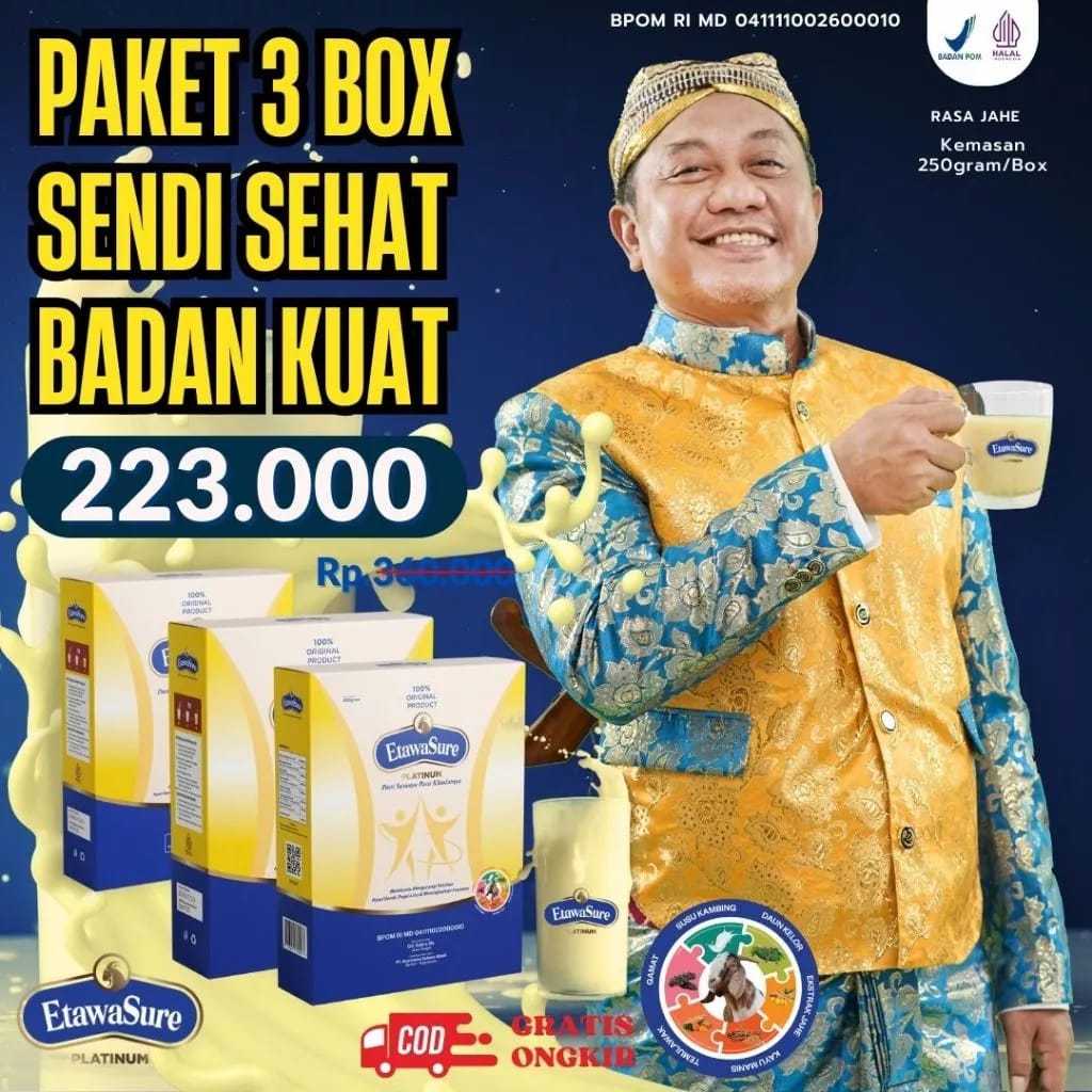 

Etawasure - Paket 3 Box - 750gram- Terapi Efektif untuk Mengurangi Nyeri Sendi dan Asam Urat | Bukan Etawalin | Etawasure 250gram READY