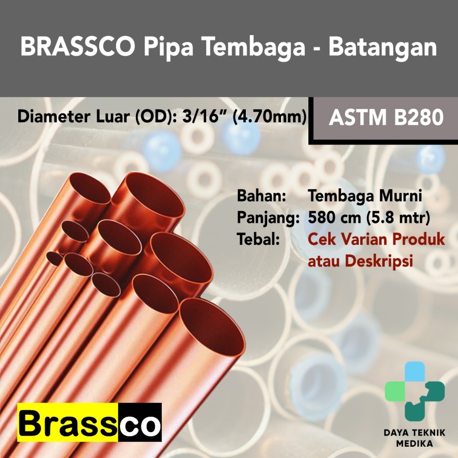 Brassco Pipa Tembaga 3/16" 4.70mm - ASTM B280 - Batangan