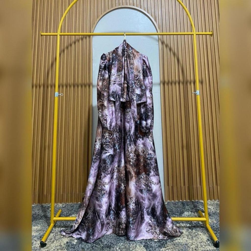 Ellyarsy - Aruni Dress Motif Full Print Material Silk Print + Hijab Segiempat Bunga Muslim