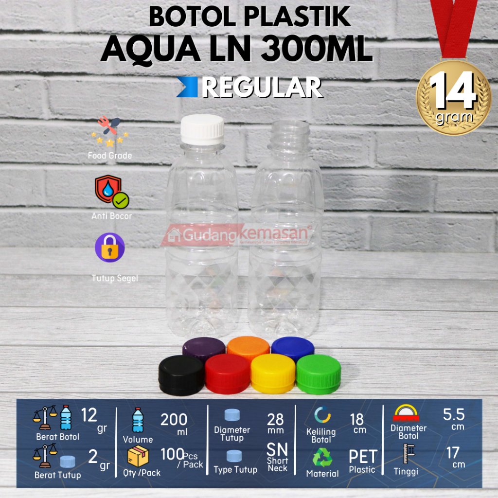 BOTOL PLASTIK MINUMAN PET AQUA 300ML TUTUP LN WARNA  WARNI
