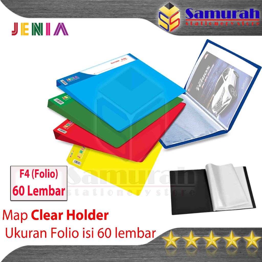 

Map Clear Holder 60 Pocket Polos Folio Jenia / Album Plastik isi 60 lembar Kantong Bening / Map Katalog List Harga Warna Merah Biru Kuning Hijau HItam
