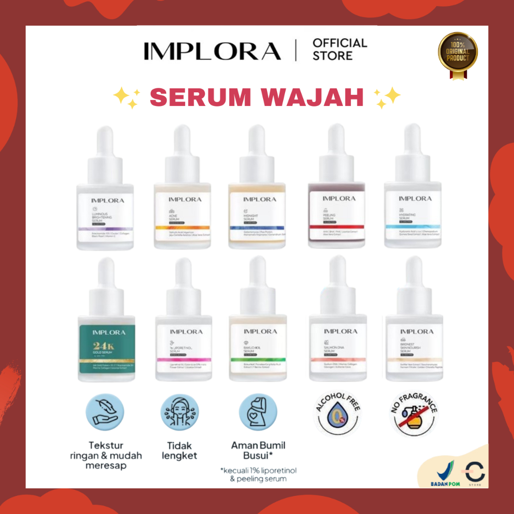 [ORI BPOM] IMPLORA Serum Wajah 20ML ALL 10 VARIANT | IMPLORA Face Serum | 24K Gold | Hydrating | Acn