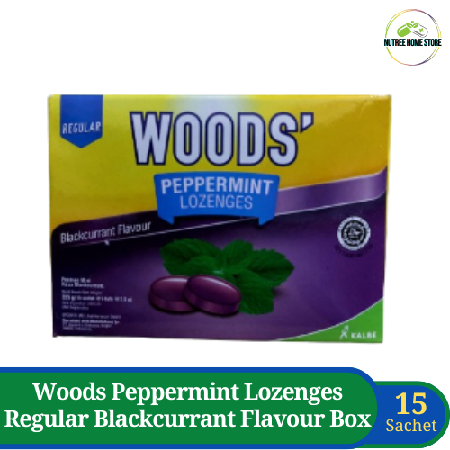 

Woods Peppermint Lozenges Regular Blackcurrant Flavour Box isi 15 Sachet