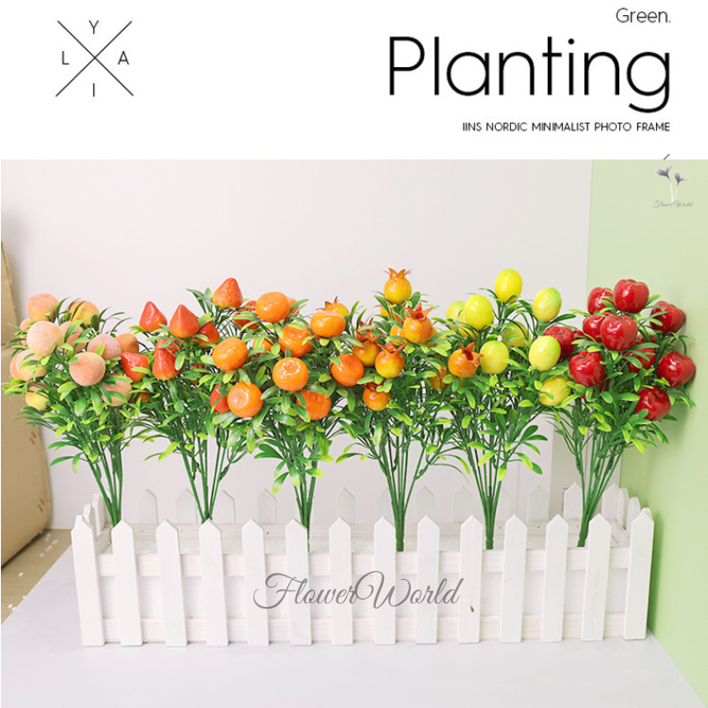 [FlowerWorld]Tanaman Buah 6 Cabang Plastik Artifcial Jeruk Stroberi Lemon Apel / Buah Buahan Bunga T