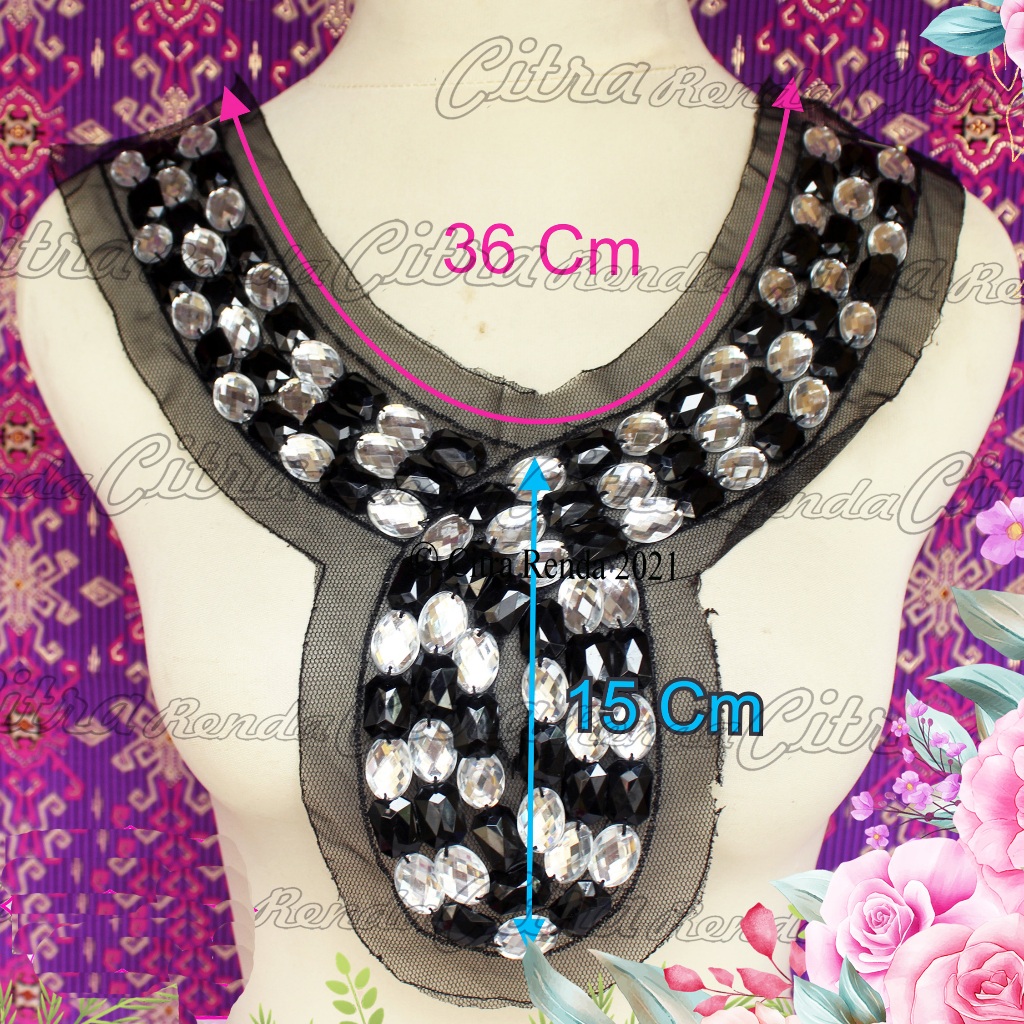 (Per Pcs) AP247 Aplikasi Leher / Patch Kerah Tempel Kristal Manik-Manik Metalik