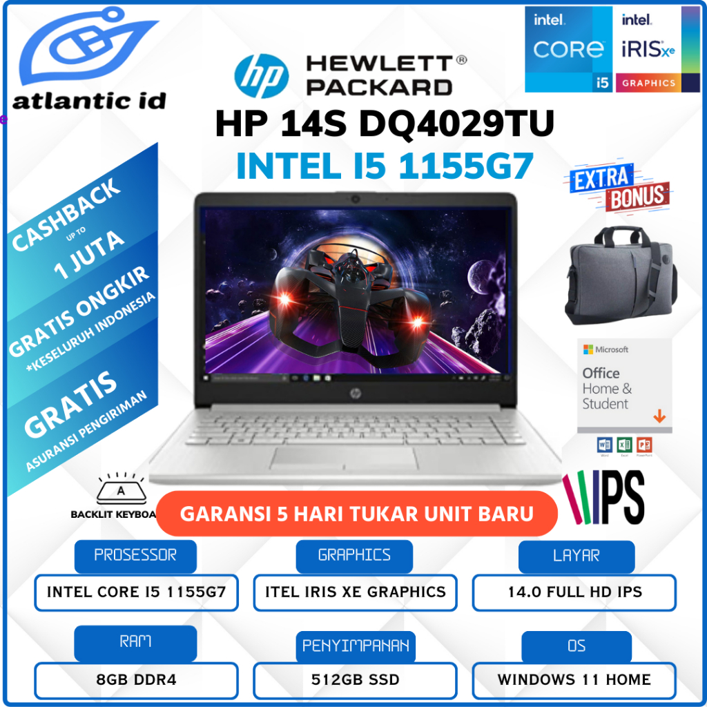 HP 14s DQ4208TU Intel Core i5 1155G7 8gb 512ssd Win11+OHS 14.0FHD IPS