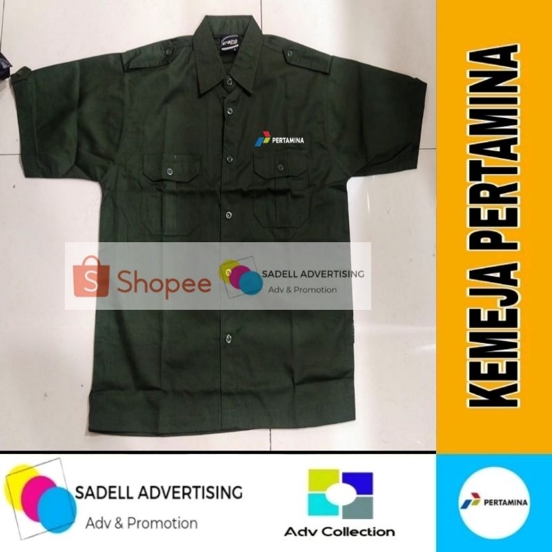 Kemeja Pertamina Seragam Pertamina Hijau Army PDH Lengan Pendek Pria Bordir